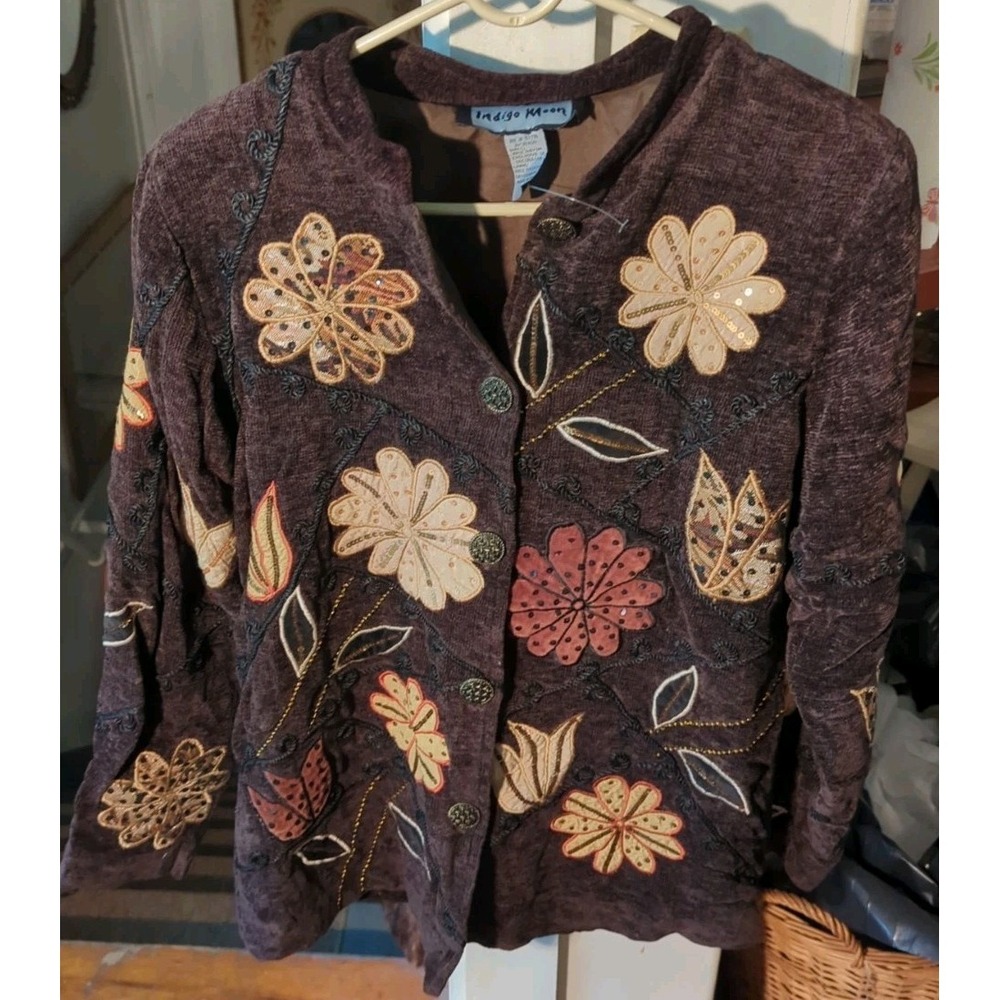 Vintage New Indigo Moon (QVC) Women's M Jacket Chenille Embroidered Button‎ Up